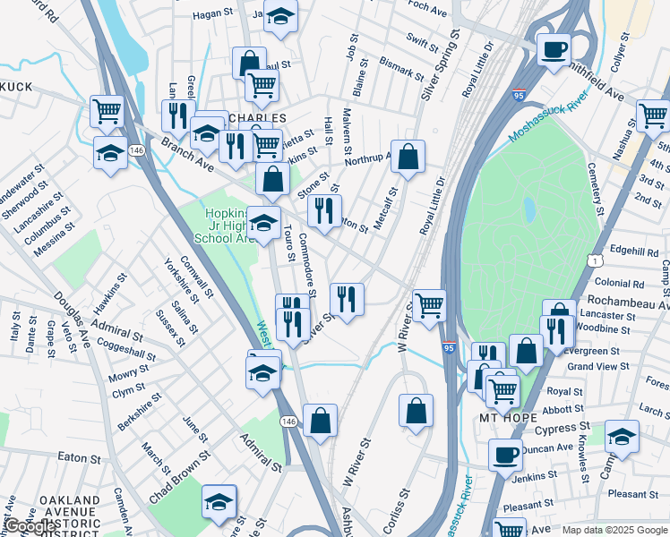 map of restaurants, bars, coffee shops, grocery stores, and more near 8 Flora Street in Providence