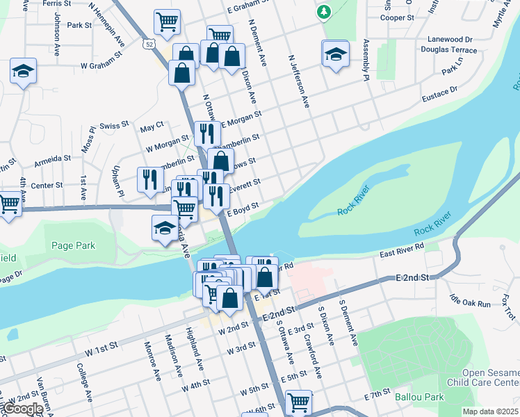 map of restaurants, bars, coffee shops, grocery stores, and more near 217 East Boyd Street in Dixon
