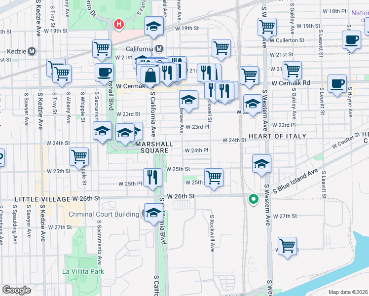 map of restaurants, bars, coffee shops, grocery stores, and more near 2700 West 24th Street in Chicago