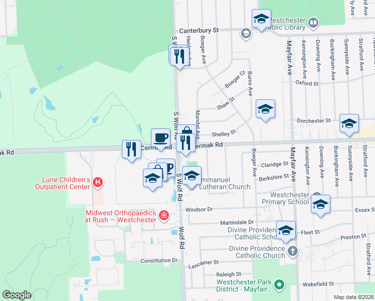 map of restaurants, bars, coffee shops, grocery stores, and more near 2201 South Wolf Road in Hillside