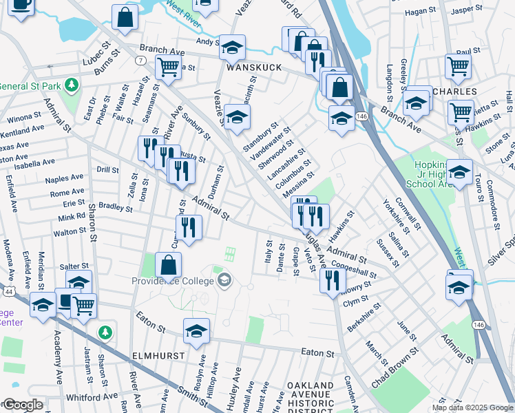 map of restaurants, bars, coffee shops, grocery stores, and more near 100 Veazie Street in Providence