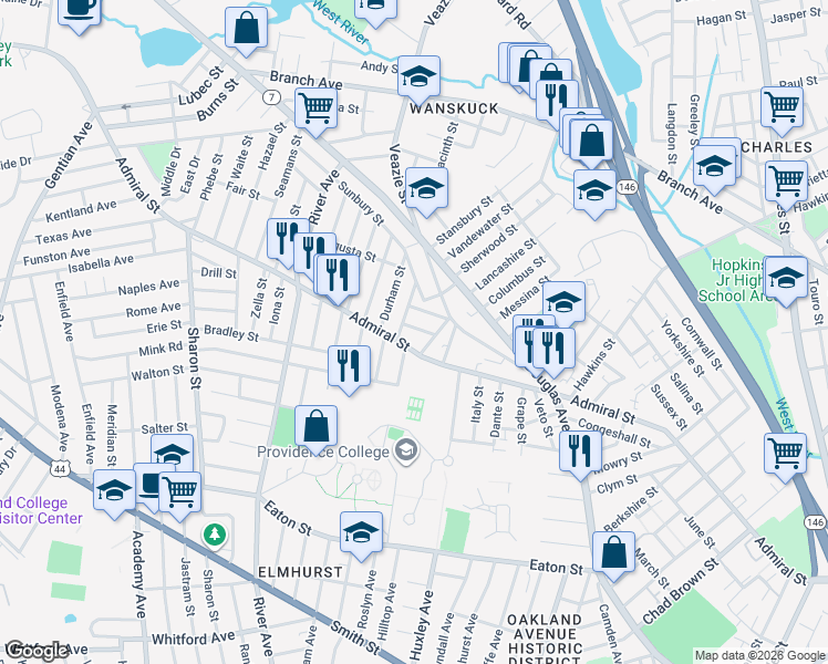 map of restaurants, bars, coffee shops, grocery stores, and more near 30 Clyde Street in Providence