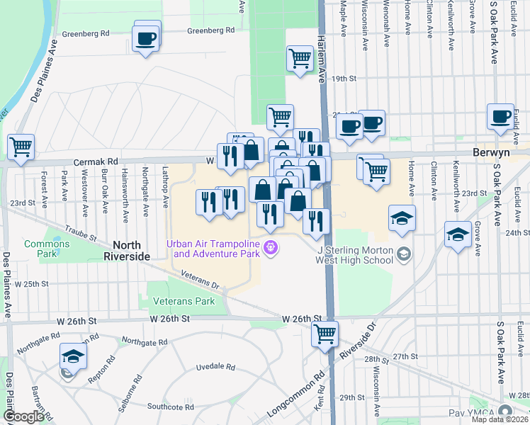 map of restaurants, bars, coffee shops, grocery stores, and more near 2204 South Harlem Avenue in North Riverside