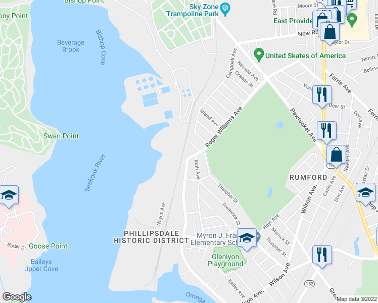 map of restaurants, bars, coffee shops, grocery stores, and more near 280 Roger Williams Avenue in East Providence
