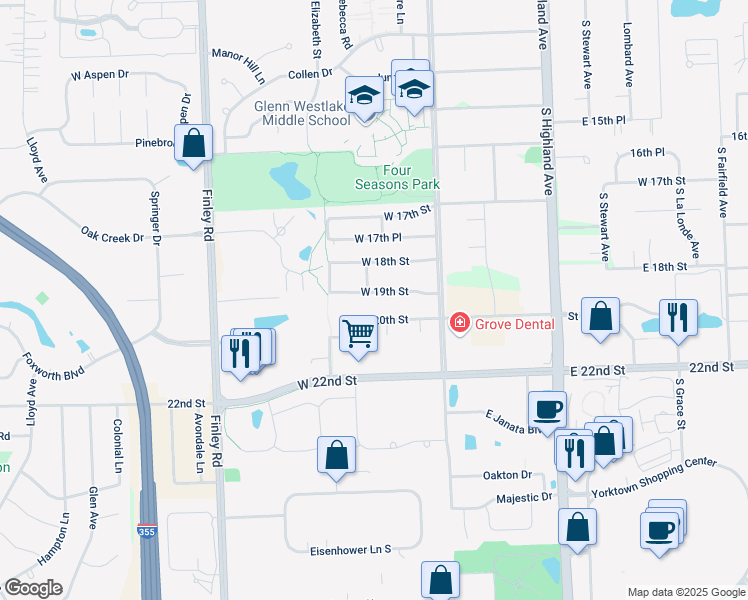 map of restaurants, bars, coffee shops, grocery stores, and more near 1866 South Lincoln Street in Lombard