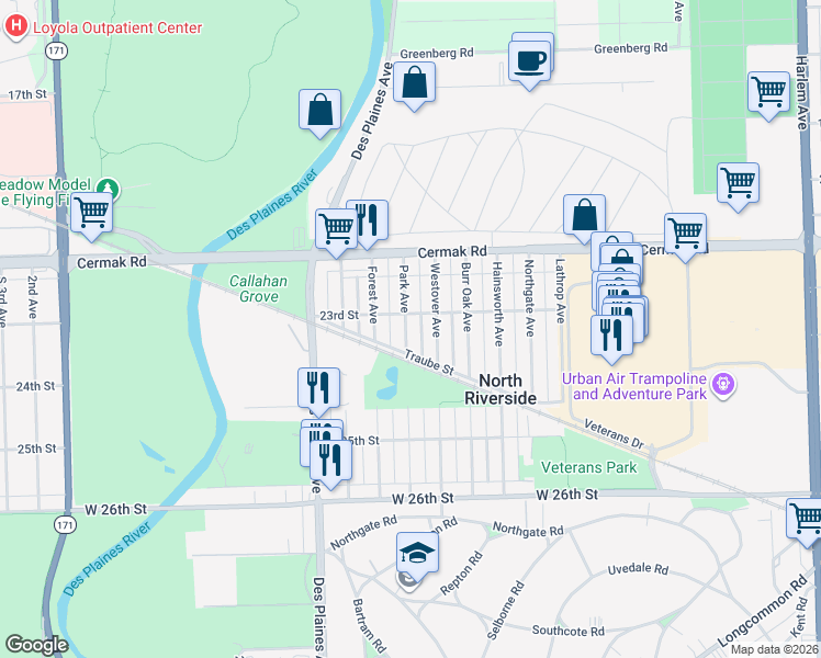 map of restaurants, bars, coffee shops, grocery stores, and more near 2257 Park Avenue in North Riverside
