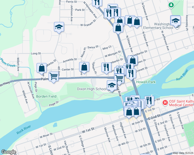 map of restaurants, bars, coffee shops, grocery stores, and more near 412 West Everett Street in Dixon