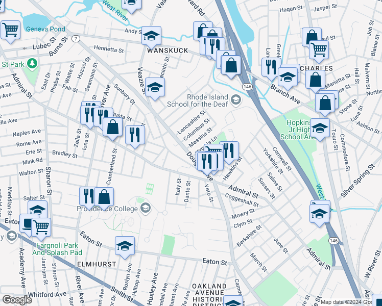 map of restaurants, bars, coffee shops, grocery stores, and more near 657 Douglas Avenue in Providence