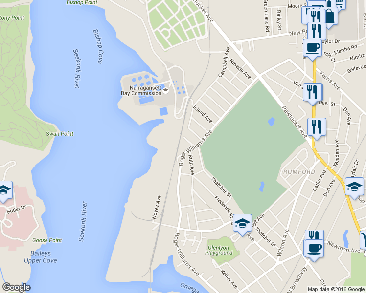 map of restaurants, bars, coffee shops, grocery stores, and more near 20 Albert Avenue in East Providence