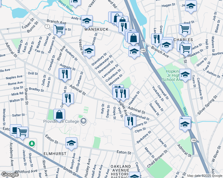 map of restaurants, bars, coffee shops, grocery stores, and more near 38 Virginia Lane in Providence