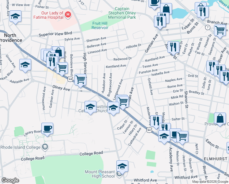 map of restaurants, bars, coffee shops, grocery stores, and more near 66 Longwood Avenue in Providence