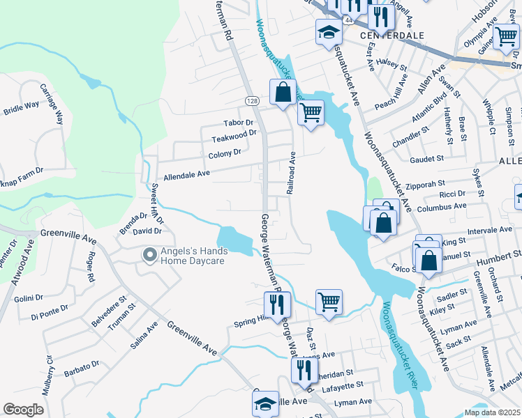 map of restaurants, bars, coffee shops, grocery stores, and more near in Johnston