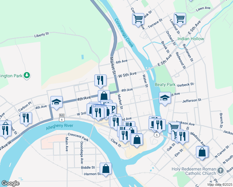 map of restaurants, bars, coffee shops, grocery stores, and more near 400 Market Street in Warren