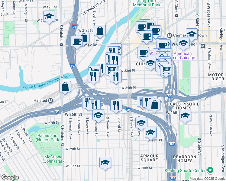 map of restaurants, bars, coffee shops, grocery stores, and more near in Chicago