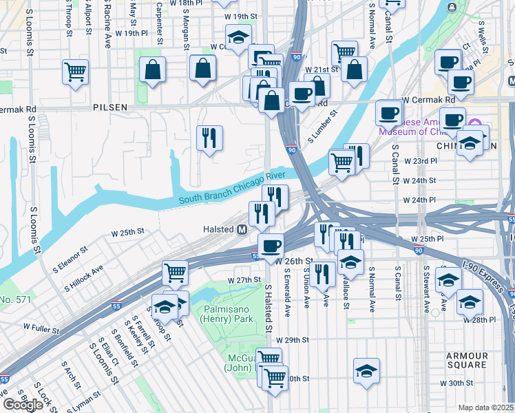 map of restaurants, bars, coffee shops, grocery stores, and more near 2450 South Halsted Street in Chicago