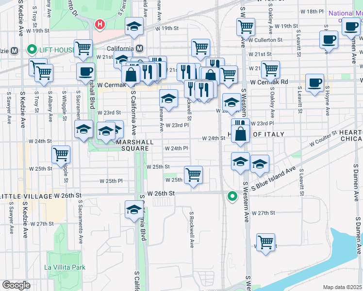 map of restaurants, bars, coffee shops, grocery stores, and more near 2624 West 24th Street in Chicago