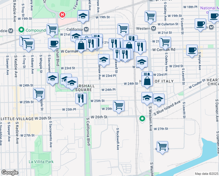 map of restaurants, bars, coffee shops, grocery stores, and more near 2624 West 24th Street in Chicago