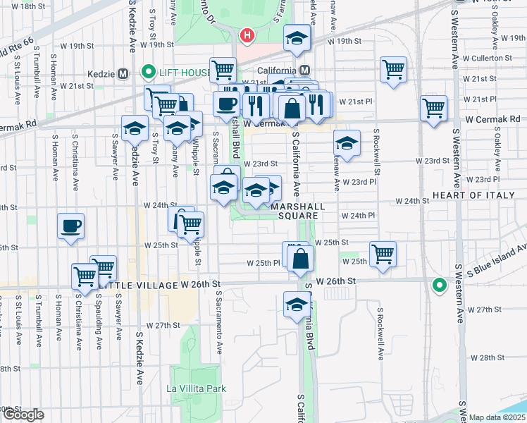 map of restaurants, bars, coffee shops, grocery stores, and more near 2869 West 23rd Place in Chicago