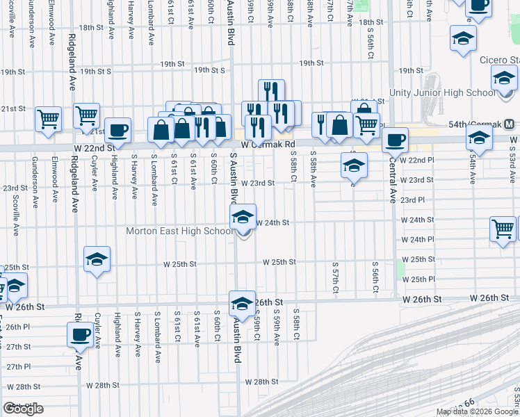 map of restaurants, bars, coffee shops, grocery stores, and more near 2314 South 59th Court in Cicero