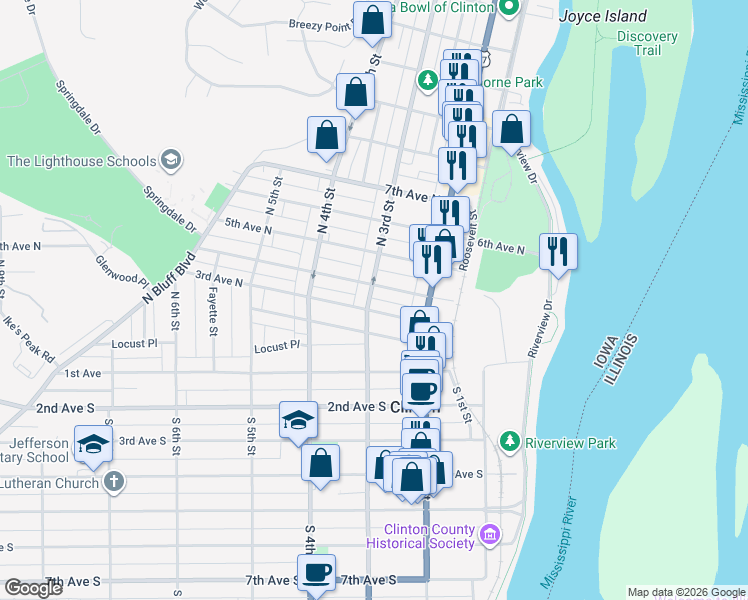 map of restaurants, bars, coffee shops, grocery stores, and more near 401-415 North 3rd Street in Clinton