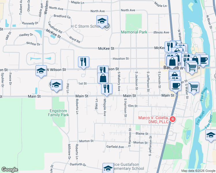 map of restaurants, bars, coffee shops, grocery stores, and more near 42 South Van Nortwick Avenue in Batavia