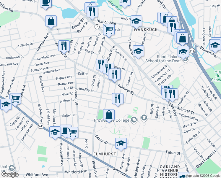 map of restaurants, bars, coffee shops, grocery stores, and more near 626 Admiral Street in Providence