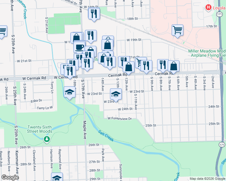 map of restaurants, bars, coffee shops, grocery stores, and more near 9001 West 22nd Place in North Riverside