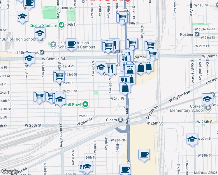 map of restaurants, bars, coffee shops, grocery stores, and more near 2334 South 49th Avenue in Cicero