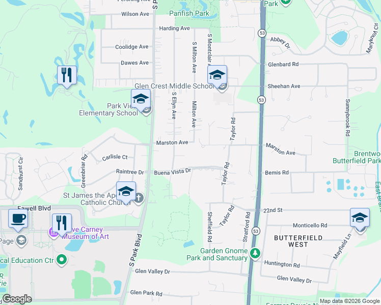 map of restaurants, bars, coffee shops, grocery stores, and more near 675 Marston Avenue in Glen Ellyn
