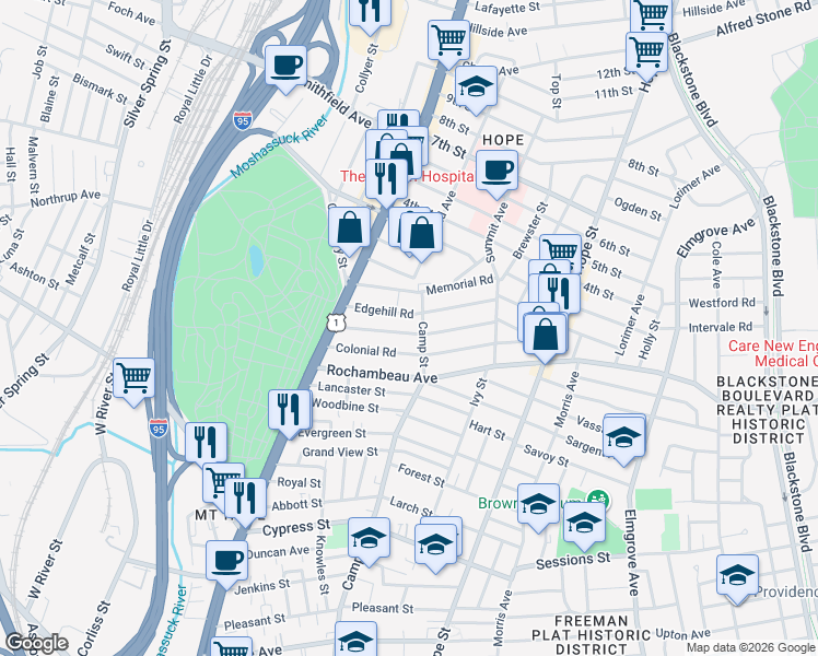 map of restaurants, bars, coffee shops, grocery stores, and more near 300 Camp Street in Providence