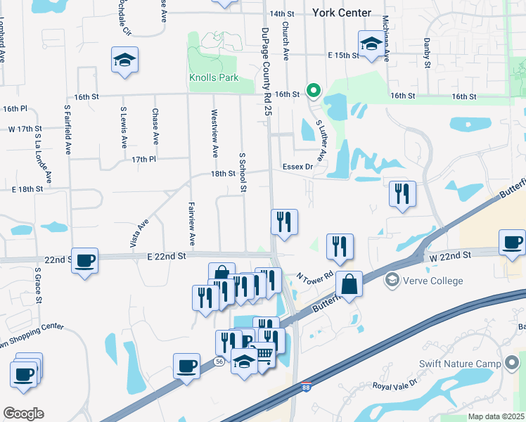 map of restaurants, bars, coffee shops, grocery stores, and more near 1813 South School Street in Lombard