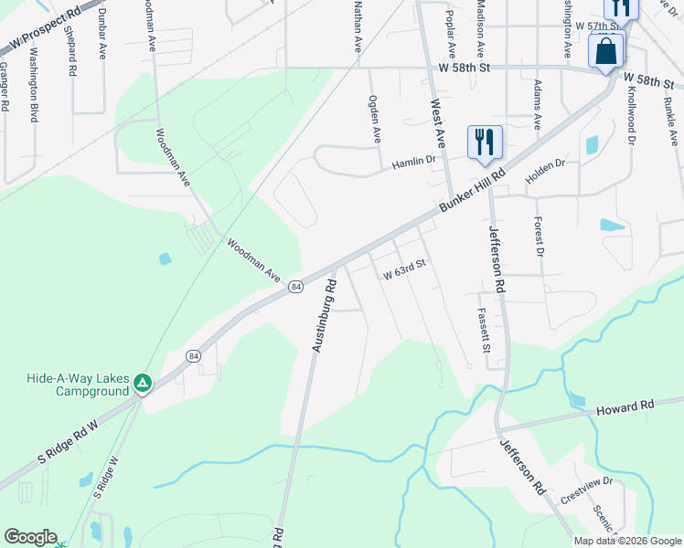 map of restaurants, bars, coffee shops, grocery stores, and more near 1400 Bunker Hill Road in Ashtabula