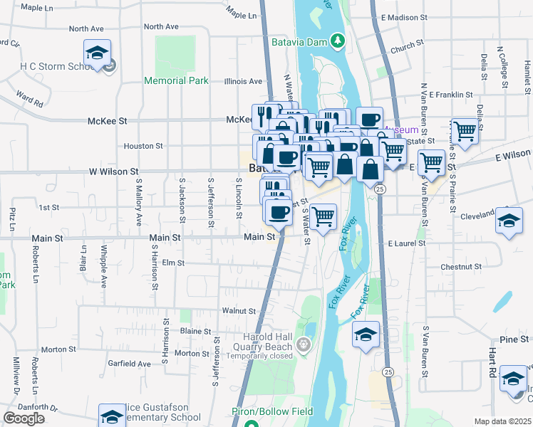 map of restaurants, bars, coffee shops, grocery stores, and more near 318 1st Street in Batavia