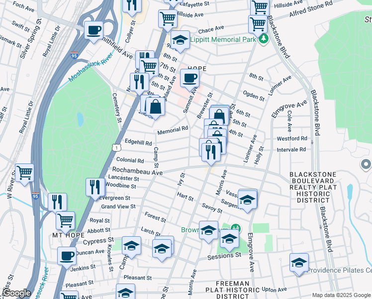 map of restaurants, bars, coffee shops, grocery stores, and more near 18 Edgehill Road in Providence