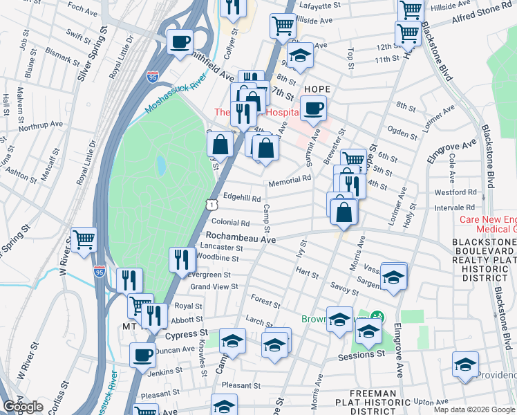 map of restaurants, bars, coffee shops, grocery stores, and more near 300 Camp Street in Providence