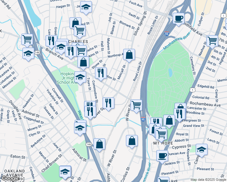 map of restaurants, bars, coffee shops, grocery stores, and more near 65 Metcalf Street in Providence
