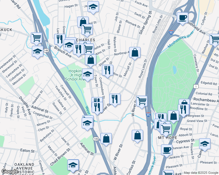 map of restaurants, bars, coffee shops, grocery stores, and more near 334 Branch Avenue in Providence