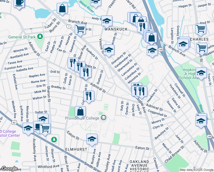 map of restaurants, bars, coffee shops, grocery stores, and more near 30 Clyde Street in Providence