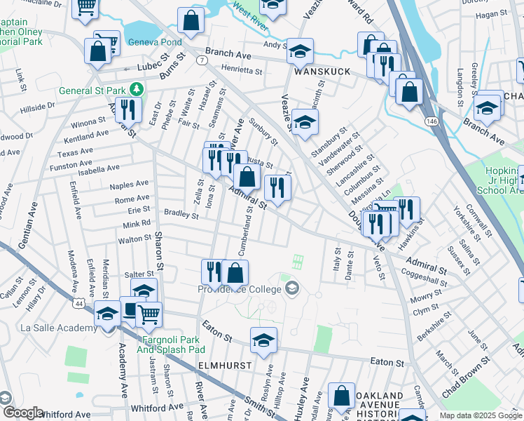 map of restaurants, bars, coffee shops, grocery stores, and more near 105 Devonshire Street in Providence