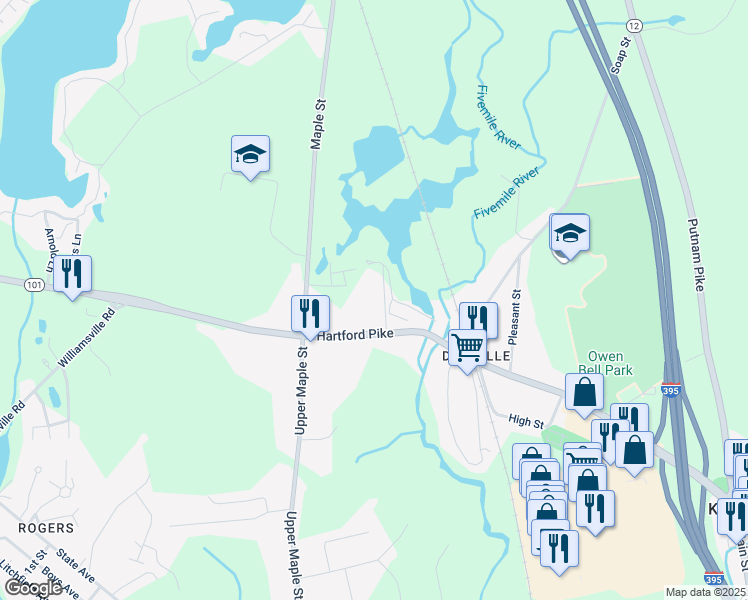 map of restaurants, bars, coffee shops, grocery stores, and more near 23 Sayles Avenue in Killingly