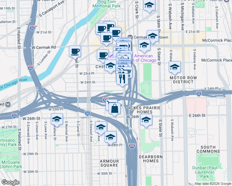 map of restaurants, bars, coffee shops, grocery stores, and more near 226 West 24th Place in Chicago