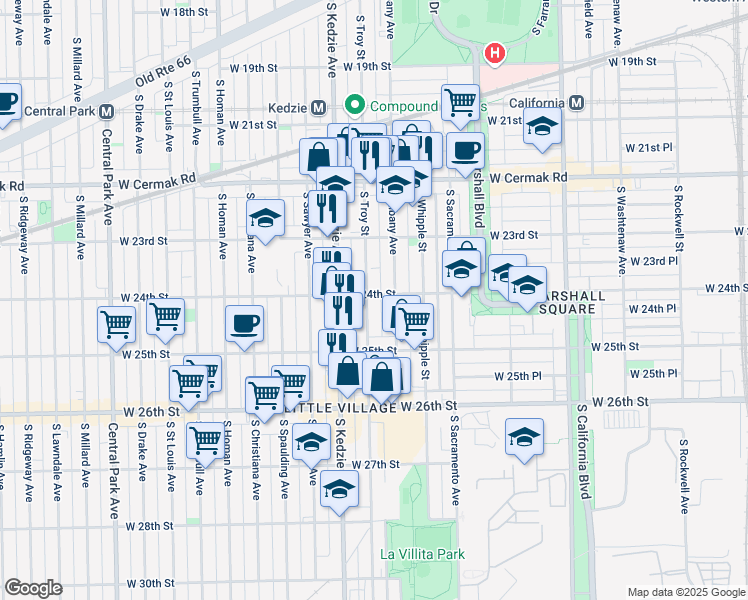 map of restaurants, bars, coffee shops, grocery stores, and more near 2351 South Troy Street in Chicago