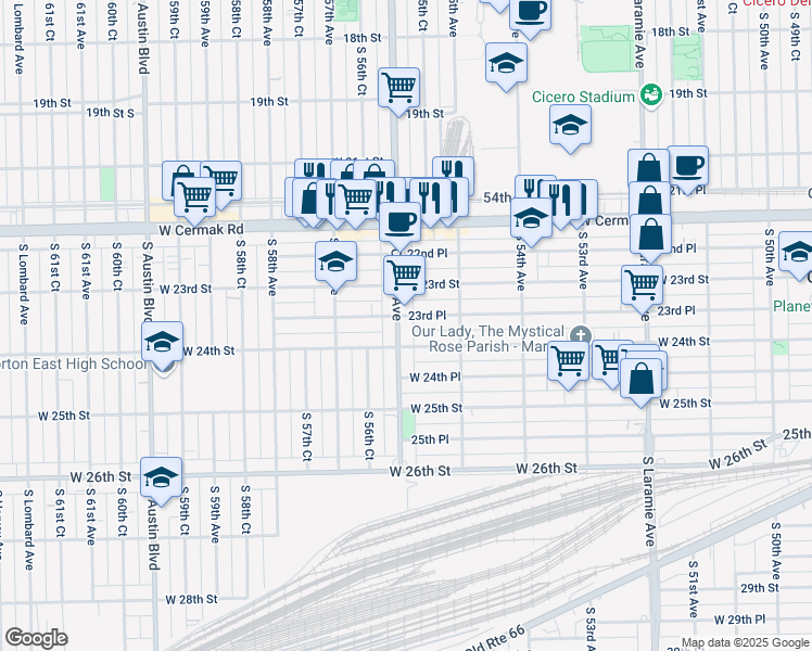 map of restaurants, bars, coffee shops, grocery stores, and more near 2319 South Central Avenue in Cicero
