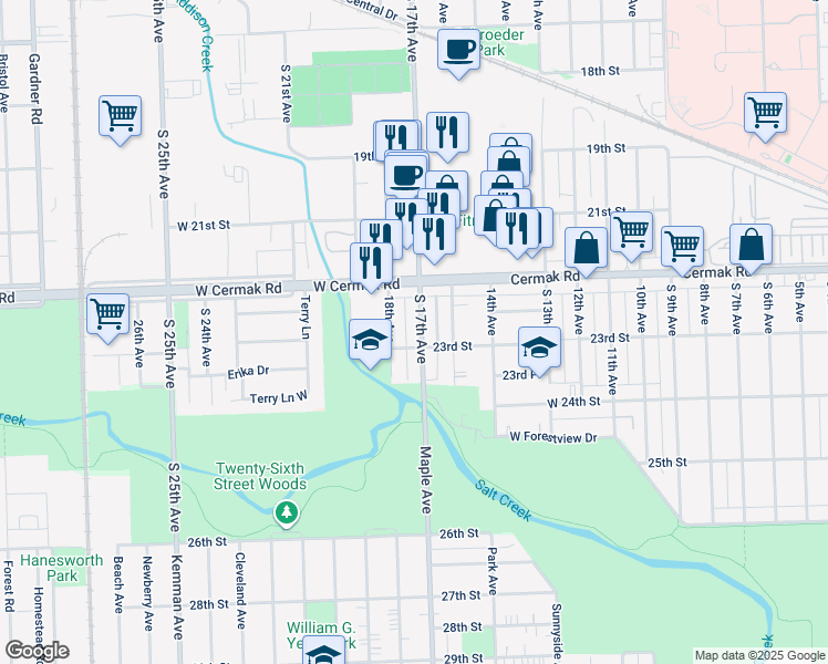map of restaurants, bars, coffee shops, grocery stores, and more near 2229 South 17th Avenue in North Riverside