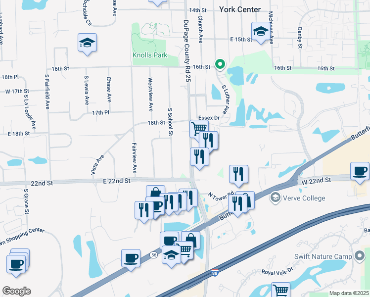 map of restaurants, bars, coffee shops, grocery stores, and more near 1813 South School Street in Lombard