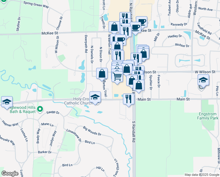 map of restaurants, bars, coffee shops, grocery stores, and more near 22 South Barton Trail in Batavia