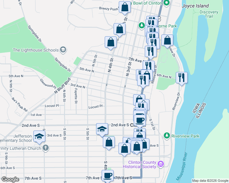 map of restaurants, bars, coffee shops, grocery stores, and more near 327 4th Avenue North in Clinton