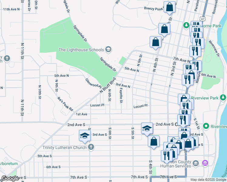 map of restaurants, bars, coffee shops, grocery stores, and more near 561 3rd Avenue North in Clinton