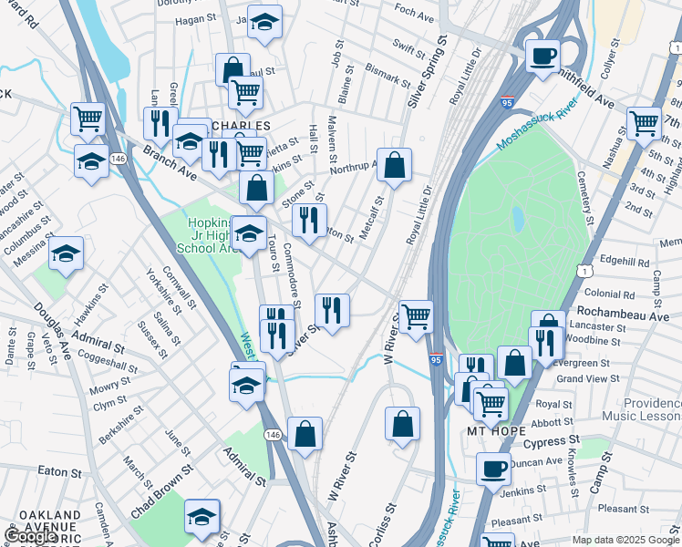 map of restaurants, bars, coffee shops, grocery stores, and more near 65 Metcalf Street in Providence