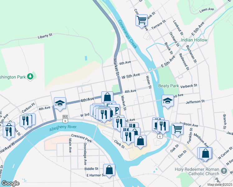 map of restaurants, bars, coffee shops, grocery stores, and more near 210 4th Avenue in Warren